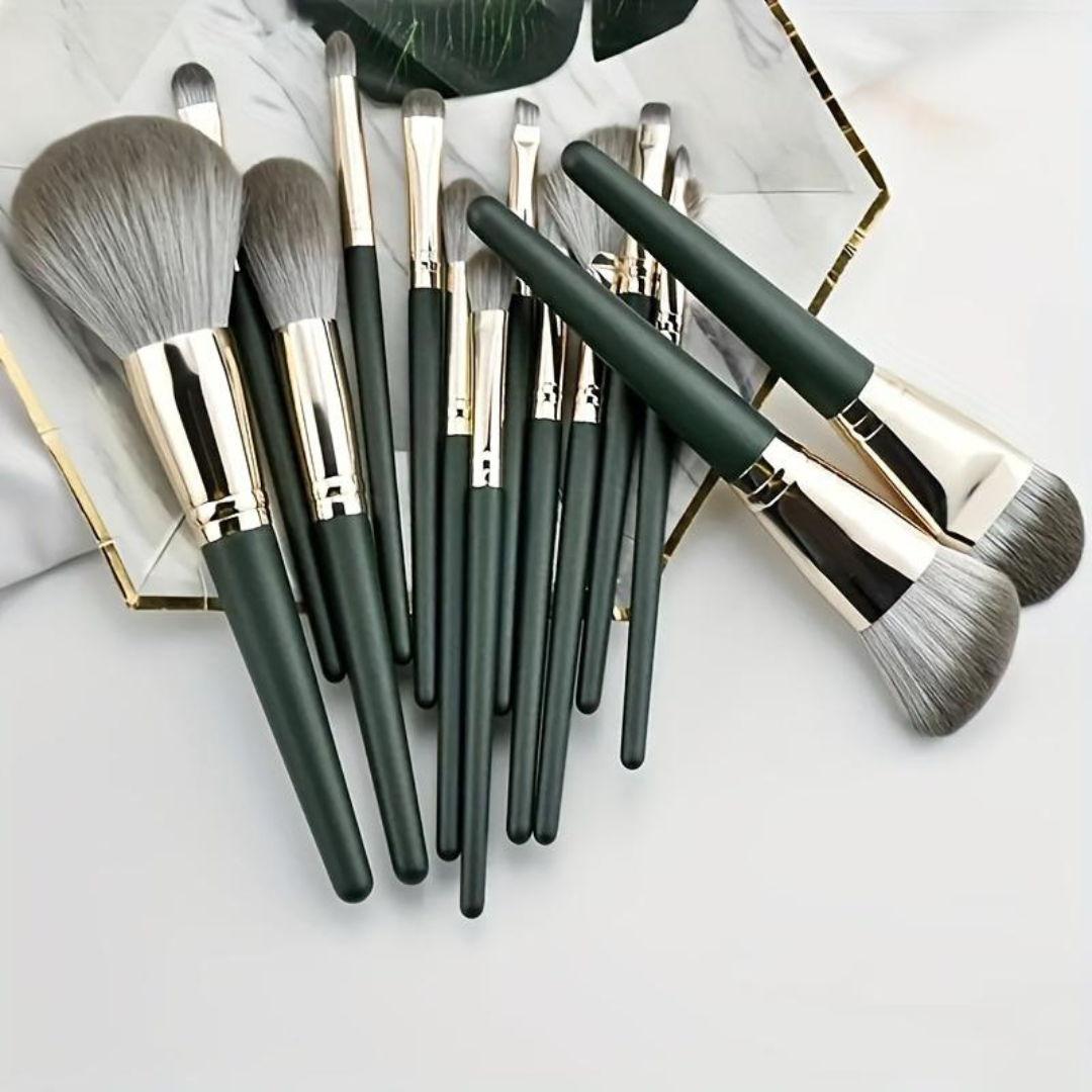 Kit de 14 Pincéis Verde Musgo + Necessaire